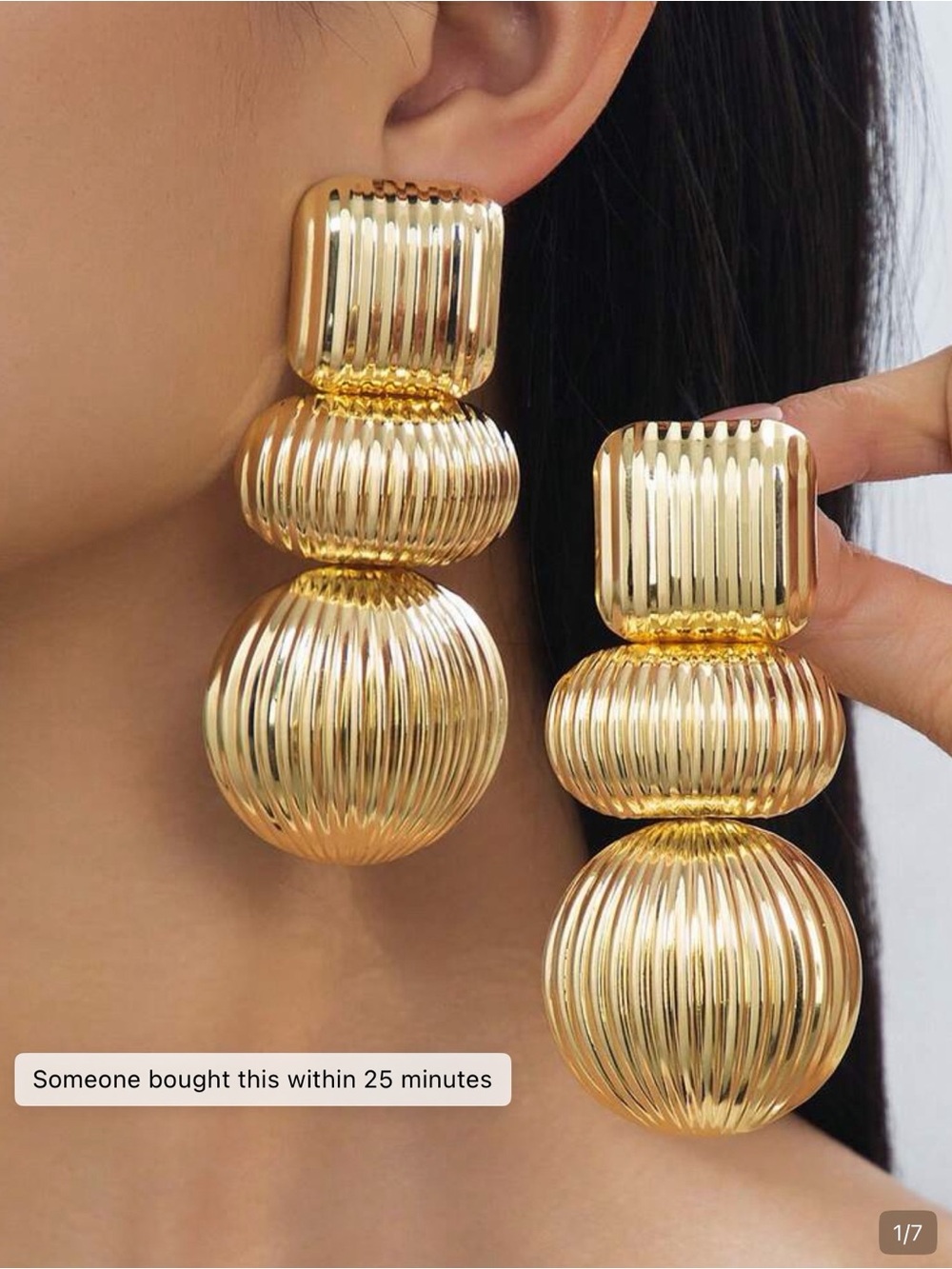 Gold Triple Drop Ribbed Statement Earrings